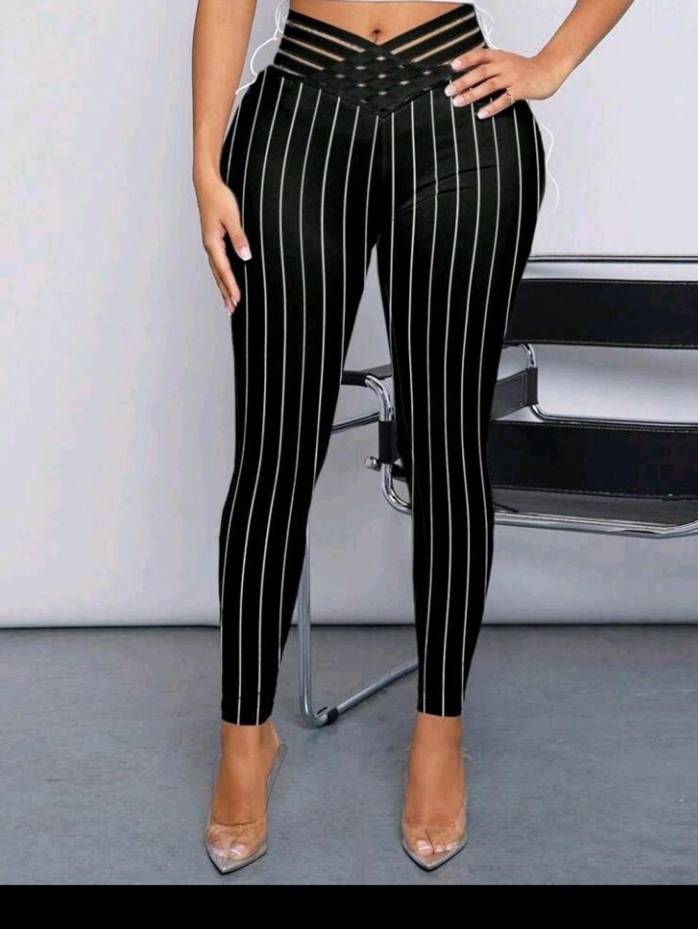 High-Waist Black Pinstripe Leggings with Crisscross Waist